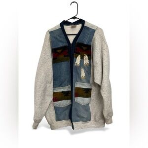 Vintage 90s Tultex Patchwork Southwestern Cardigan Sweatshirt 2X